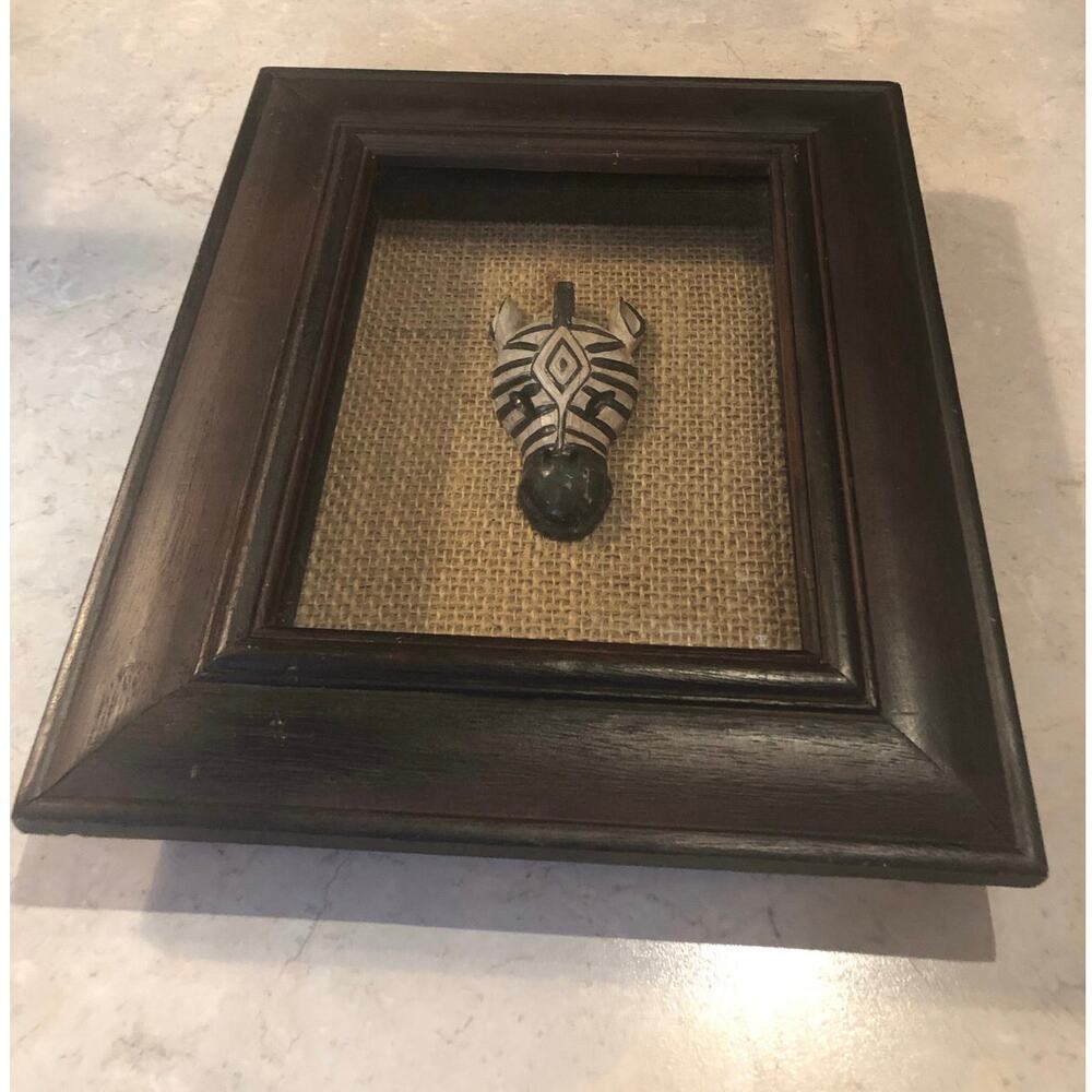 Vintage African Wood Carved Zebra Head in shadowbox frame Tribal Art 9 x 10.75”